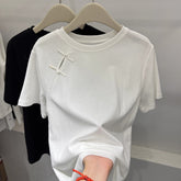 Official Image Peruvian Cotton Short Sleeve t Shirt2025Summer Button Short Solid Color Slim Fit Regular Shoulder Round Neck Korean Style Women's Top