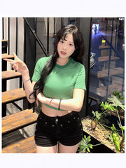 2025Summer New Solid Color Slim Fit Hot Girl Short Sleeve Off-Shoulder Tight Versatile Short Sleeve T T-shirt Top Hook Clothing Women's Wear