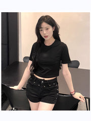 2025Summer New Solid Color Slim Fit Hot Girl Short Sleeve Off-Shoulder Tight Versatile Short Sleeve T T-shirt Top Hook Clothing Women's Wear