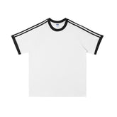 210g 100% Cotton American Style Round Neck Retro Peruvian Cotton Loose Drop Shoulder Three Stripes Solid Color Short Sleeve t T-shirt Parent-Child Matching Outfits