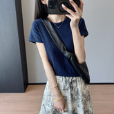 Slimming effect!Sparkling Full Sky Straight Shoulder Stretch Slim Fit Peruvian Cotton Round Neck Short Sleeve T Shirt25Summer