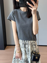 Slimming effect!Sparkling Full Sky Straight Shoulder Stretch Slim Fit Peruvian Cotton Round Neck Short Sleeve T Shirt25Summer