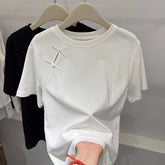 Official Image Peruvian Cotton Short Sleeve t Shirt2025Summer Button Short Solid Color Slim Fit Regular Shoulder Round Neck Korean Style Women's Top