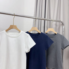 Slimming effect!Sparkling Full Sky Straight Shoulder Stretch Slim Fit Peruvian Cotton Round Neck Basic Short Sleeve T Women's T-shirt25Summer