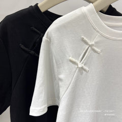 Official Image Peruvian Cotton Short Sleeve t Shirt2025Summer Button Short Solid Color Slim Fit Regular Shoulder Round Neck Korean Style Women's Top