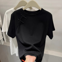 Official Image Peruvian Cotton Short Sleeve t Shirt2025Summer Button Short Solid Color Slim Fit Regular Shoulder Round Neck Korean Style Women's Top