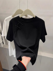 Official Image Peruvian Cotton Short Sleeve t Shirt2025Summer Button Short Solid Color Slim Fit Regular Shoulder Round Neck Korean Style Women's Top