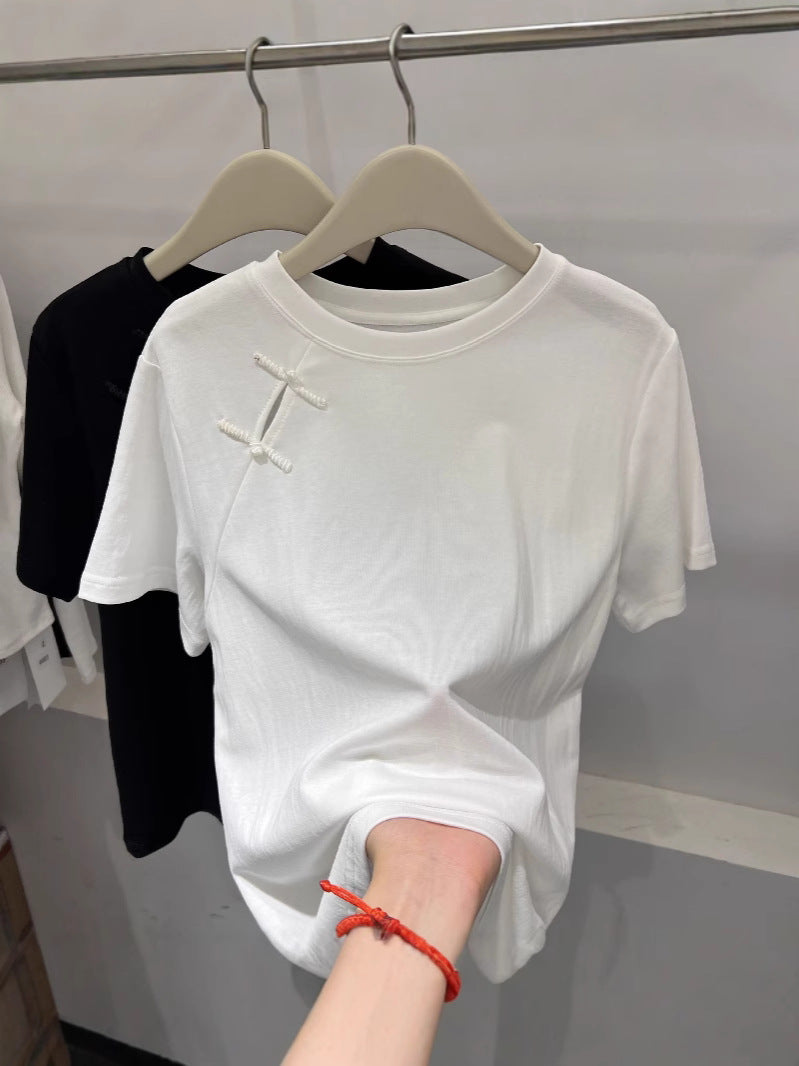Official Image Peruvian Cotton Short Sleeve t Shirt2025Summer Button Short Solid Color Slim Fit Regular Shoulder Round Neck Korean Style Women's Top