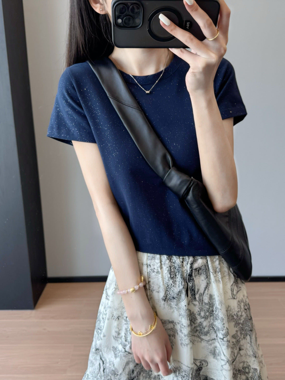 Slimming effect！Sparkling Full Sky Straight Shoulder Stretch Slim Fit Peruvian Cotton Round Neck Short Sleeve T Shirt25Summer