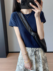 Slimming effect！Sparkling Full Sky Straight Shoulder Stretch Slim Fit Peruvian Cotton Round Neck Short Sleeve T Shirt25Summer