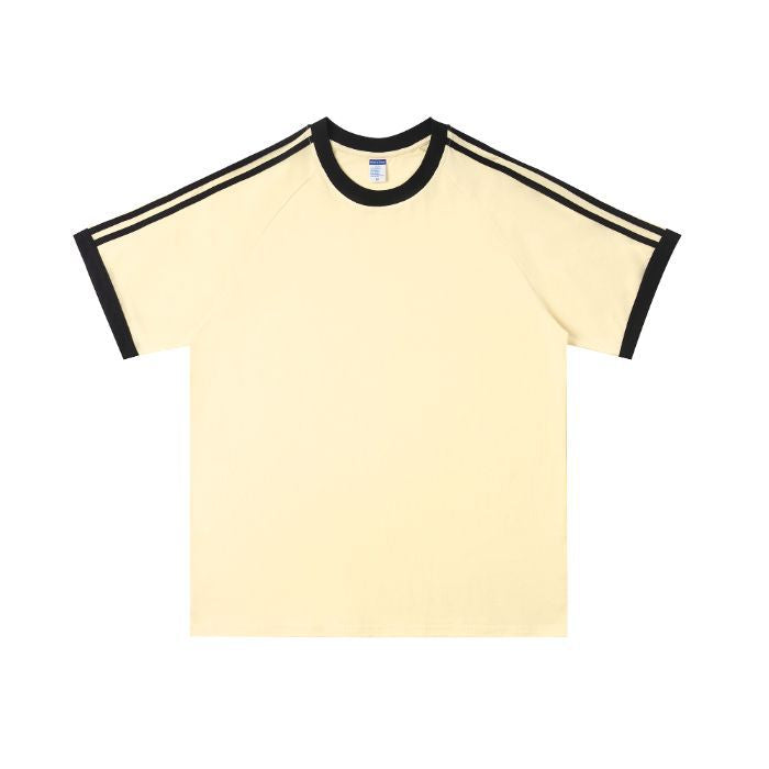 210g 100% Cotton American Style Round Neck Retro Peruvian Cotton Loose Drop Shoulder Three Stripes Solid Color Short Sleeve t T-shirt Parent-Child Matching Outfits