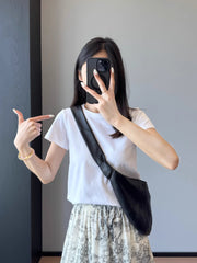 Slimming effect！Sparkling Full Sky Straight Shoulder Stretch Slim Fit Peruvian Cotton Round Neck Short Sleeve T Shirt25Summer