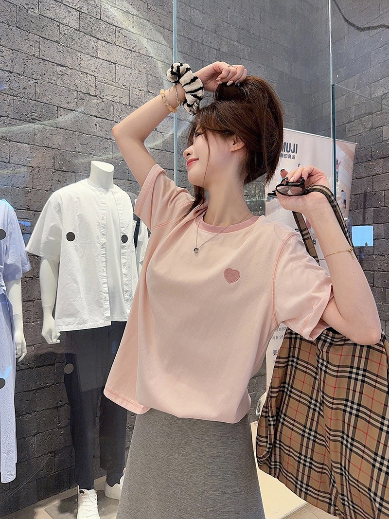 Real Shot Peruvian Cotton220Gram Short Sleeve t Summer Shirt2025New Trendy Embroidered Loose Round Neck Top Plus Size Women's Clothing