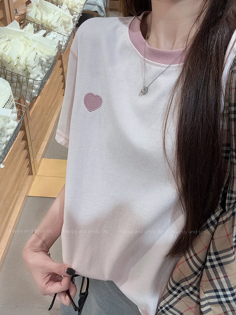 Summer new style round neck short sleeve women's shirt t Embroidered Cool Feeling Shirt T Pink Women's Shirt, Regular Shoulder, Loose Fit, Casual T Shirt