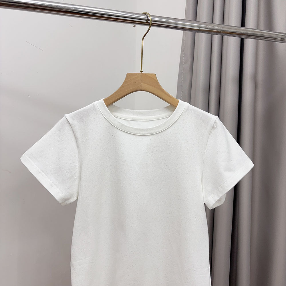Slimming effect！Sparkling Full Sky Straight Shoulder Stretch Slim Fit Peruvian Cotton Round Neck Basic Short Sleeve T Women's T-shirt25Summer