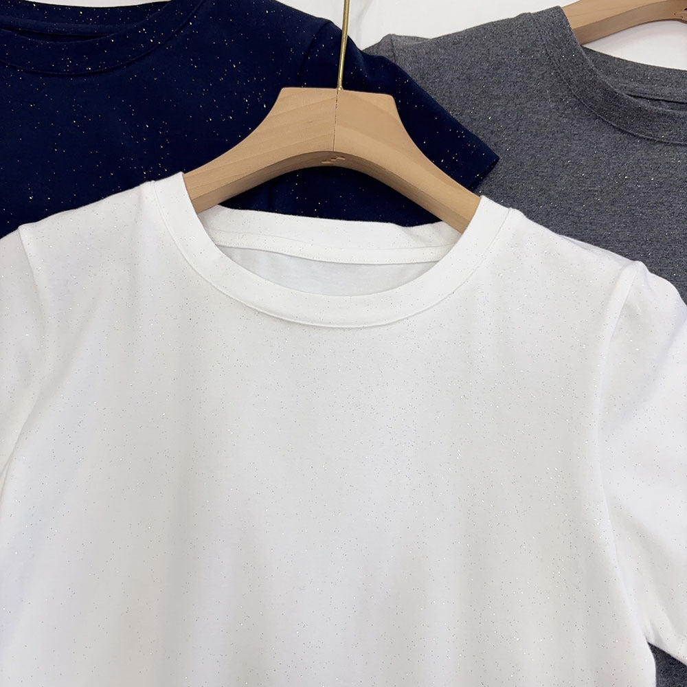 Slimming effect！Sparkling Full Sky Straight Shoulder Stretch Slim Fit Peruvian Cotton Round Neck Basic Short Sleeve T Women's T-shirt25Summer