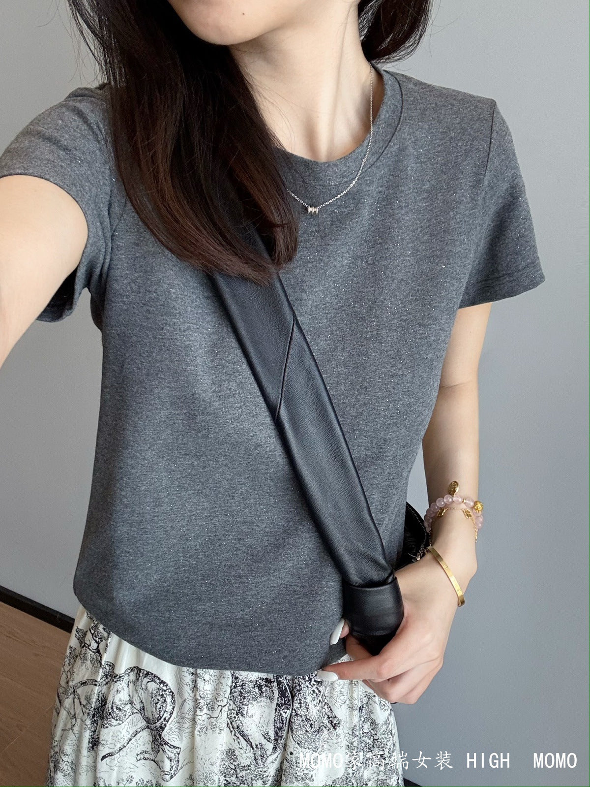 Slimming effect！Sparkling Full Sky Straight Shoulder Stretch Slim Fit Peruvian Cotton Round Neck Basic Short Sleeve T Women's T-shirt25Summer