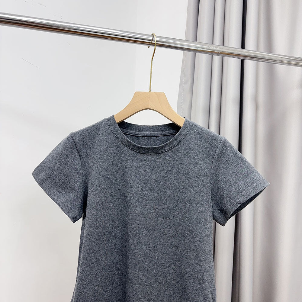 Slimming effect！Sparkling Full Sky Straight Shoulder Stretch Slim Fit Peruvian Cotton Round Neck Basic Short Sleeve T Women's T-shirt25Summer