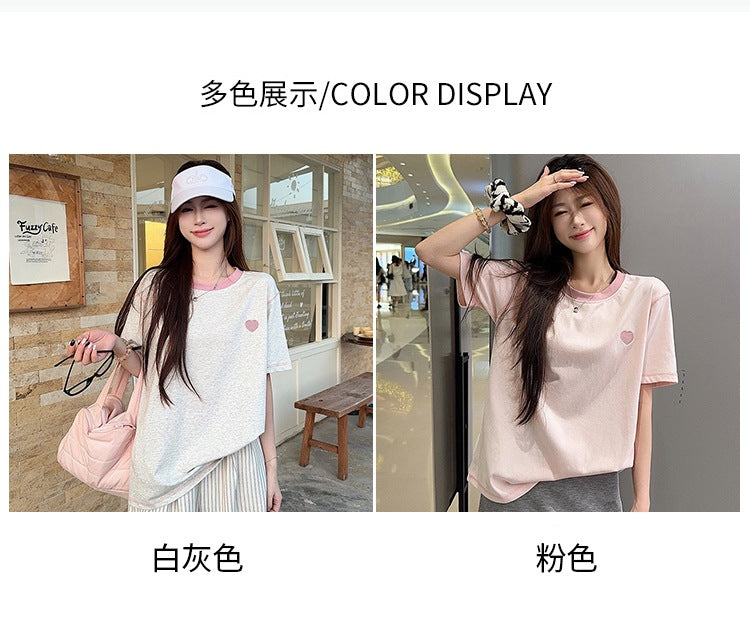 Real Shot Peruvian Cotton220Gram Short Sleeve t Summer Shirt2025New Trendy Embroidered Loose Round Neck Top Plus Size Women's Clothing