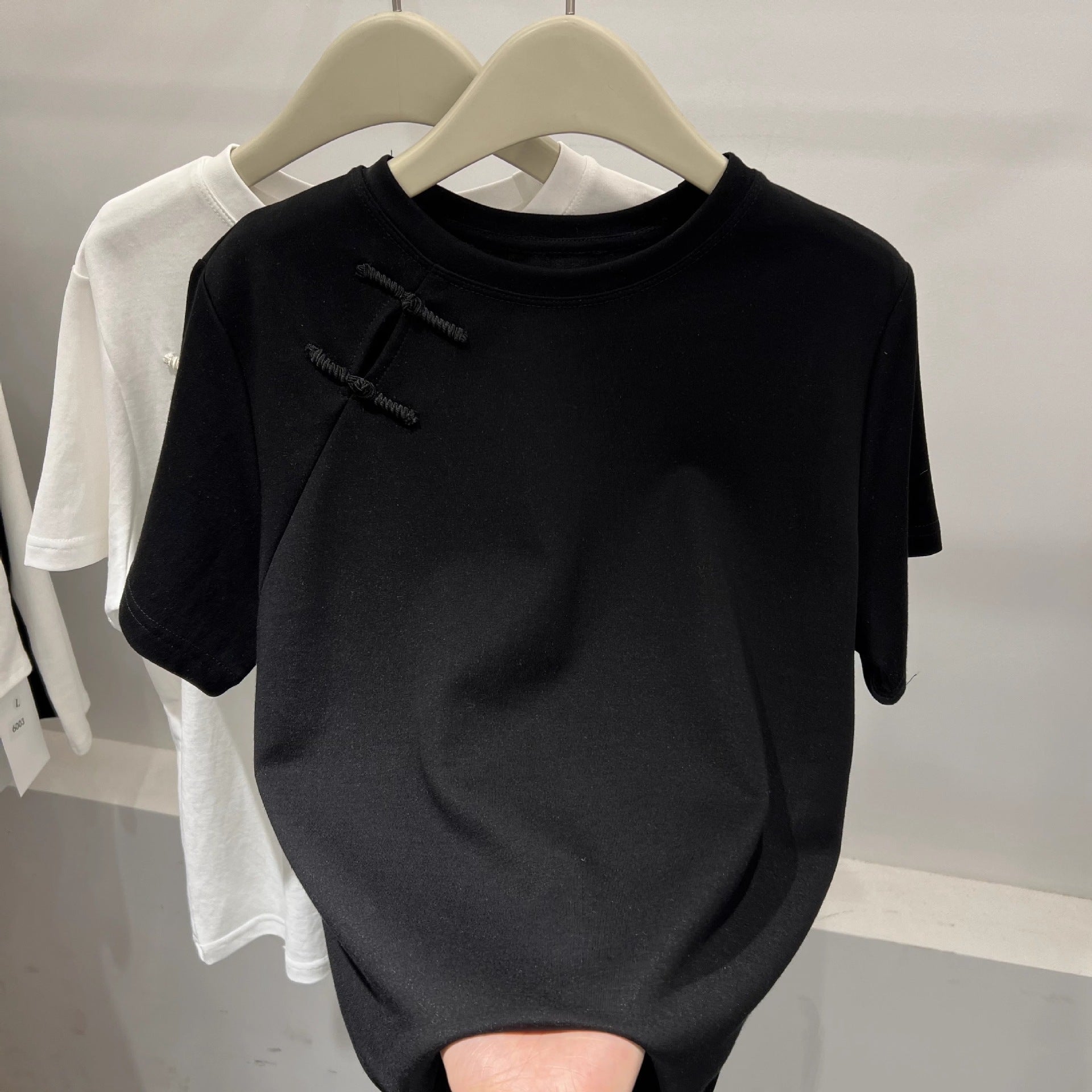 Official Image Peruvian Cotton Short Sleeve t Shirt2025Summer Button Short Solid Color Slim Fit Regular Shoulder Round Neck Korean Style Women's Top