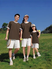 210g 100% Cotton American Style Round Neck Retro Peruvian Cotton Loose Drop Shoulder Three Stripes Solid Color Short Sleeve t T-shirt Parent-Child Matching Outfits