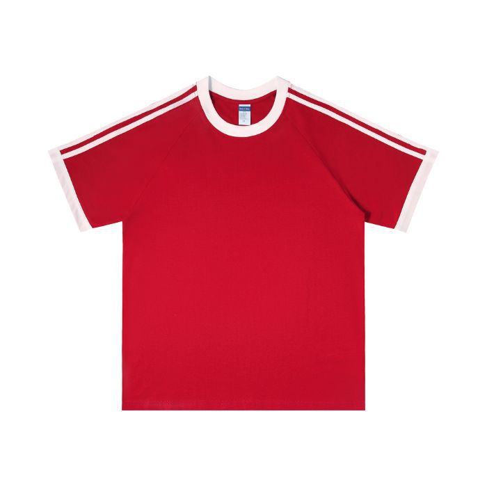 210g 100% Cotton American Style Round Neck Retro Peruvian Cotton Loose Drop Shoulder Three Stripes Solid Color Short Sleeve t T-shirt Parent-Child Matching Outfits