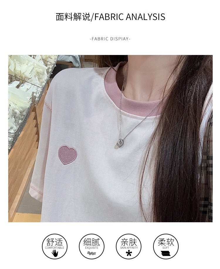 Real Shot Peruvian Cotton220Gram Short Sleeve t Summer Shirt2025New Trendy Embroidered Loose Round Neck Top Plus Size Women's Clothing