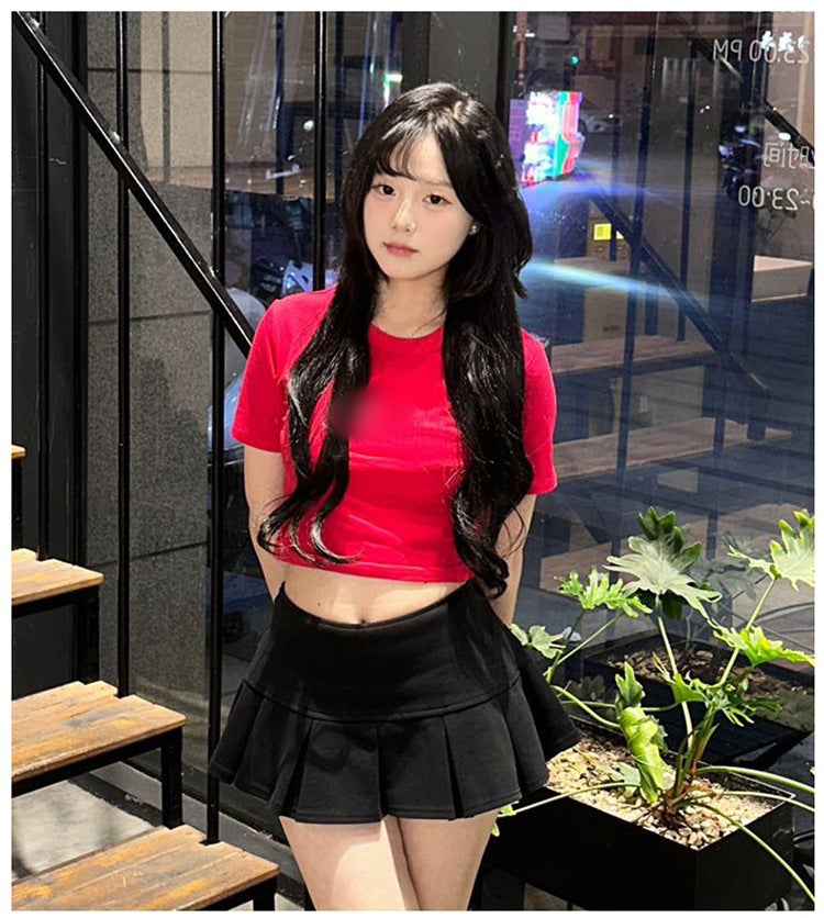 2025Summer New Solid Color Slim Fit Hot Girl Short Sleeve Off-Shoulder Tight Versatile Short Sleeve T T-shirt Top Hook Clothing Women's Wear