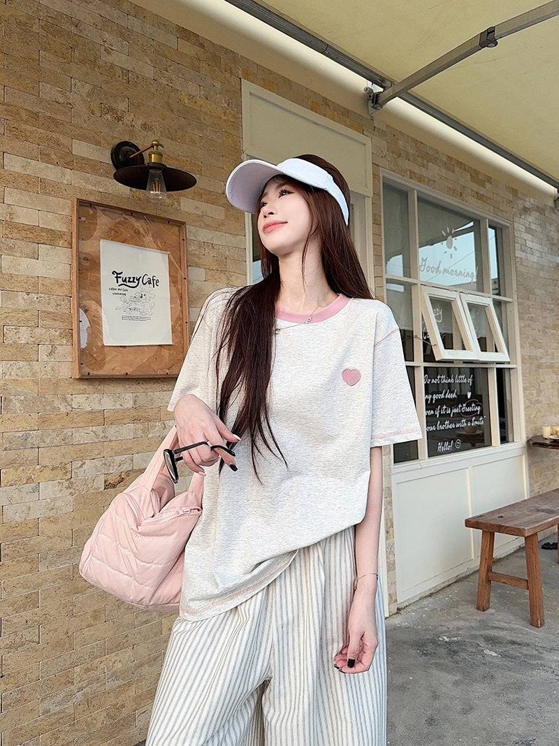 Real Shot Peruvian Cotton220Gram Short Sleeve t Summer Shirt2025New Trendy Embroidered Loose Round Neck Top Plus Size Women's Clothing