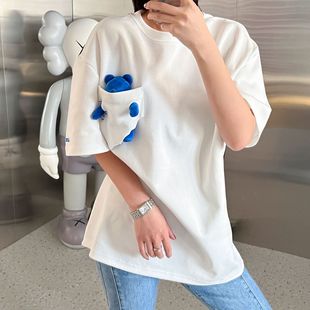 In Stock Short Sleeve Ouyang Nana Same Style T Shirt Summer Men and Women Couple Style Loose Casual Little Fox Embroidery