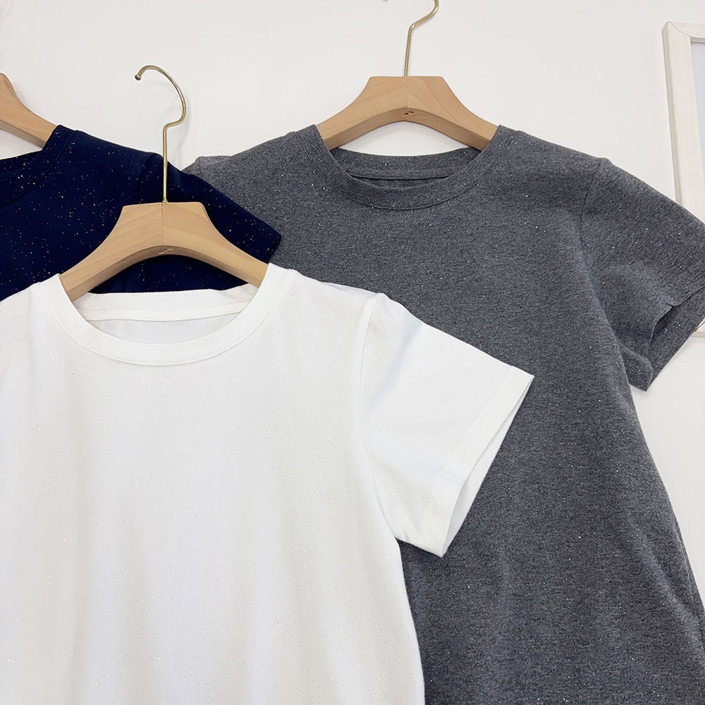 Slimming effect！Sparkling Full Sky Straight Shoulder Stretch Slim Fit Peruvian Cotton Round Neck Basic Short Sleeve T Women's T-shirt25Summer