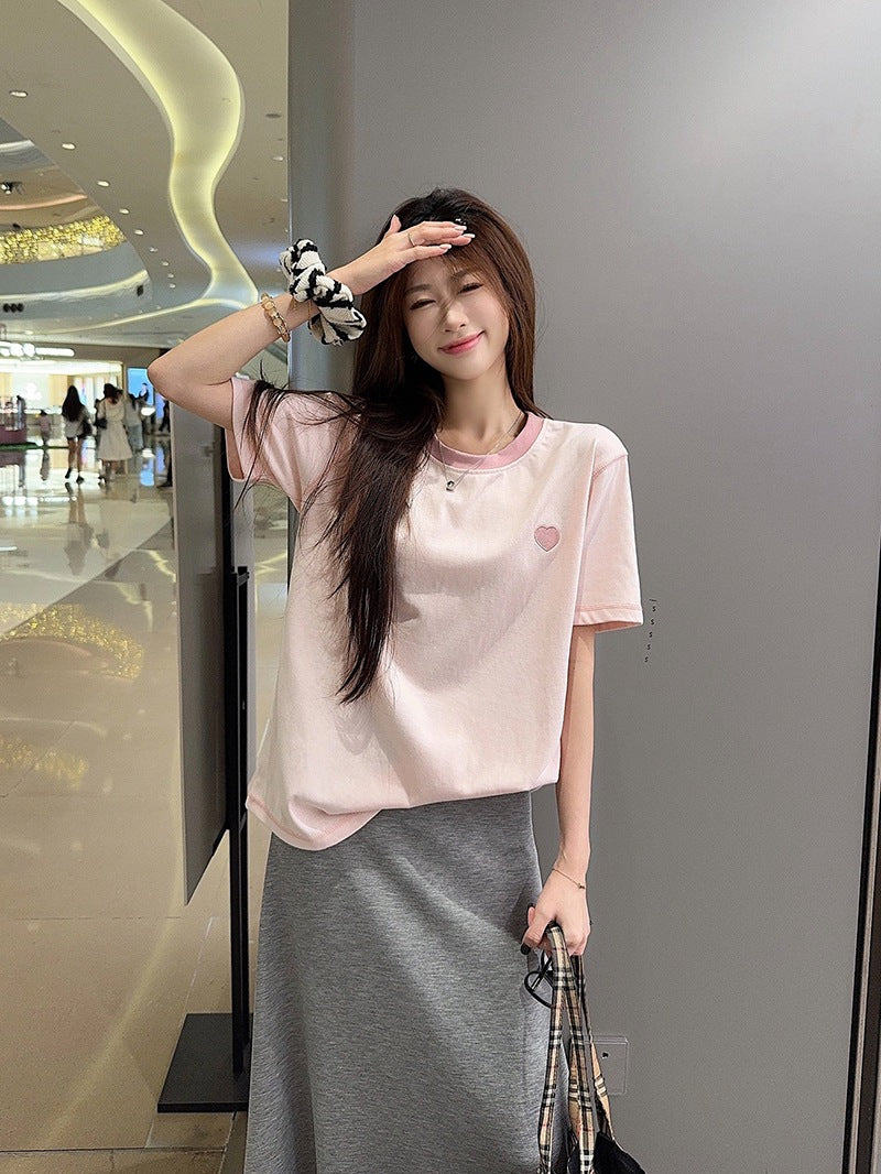 Real Shot Peruvian Cotton220Gram Short Sleeve t Summer Shirt2025New Trendy Embroidered Loose Round Neck Top Plus Size Women's Clothing