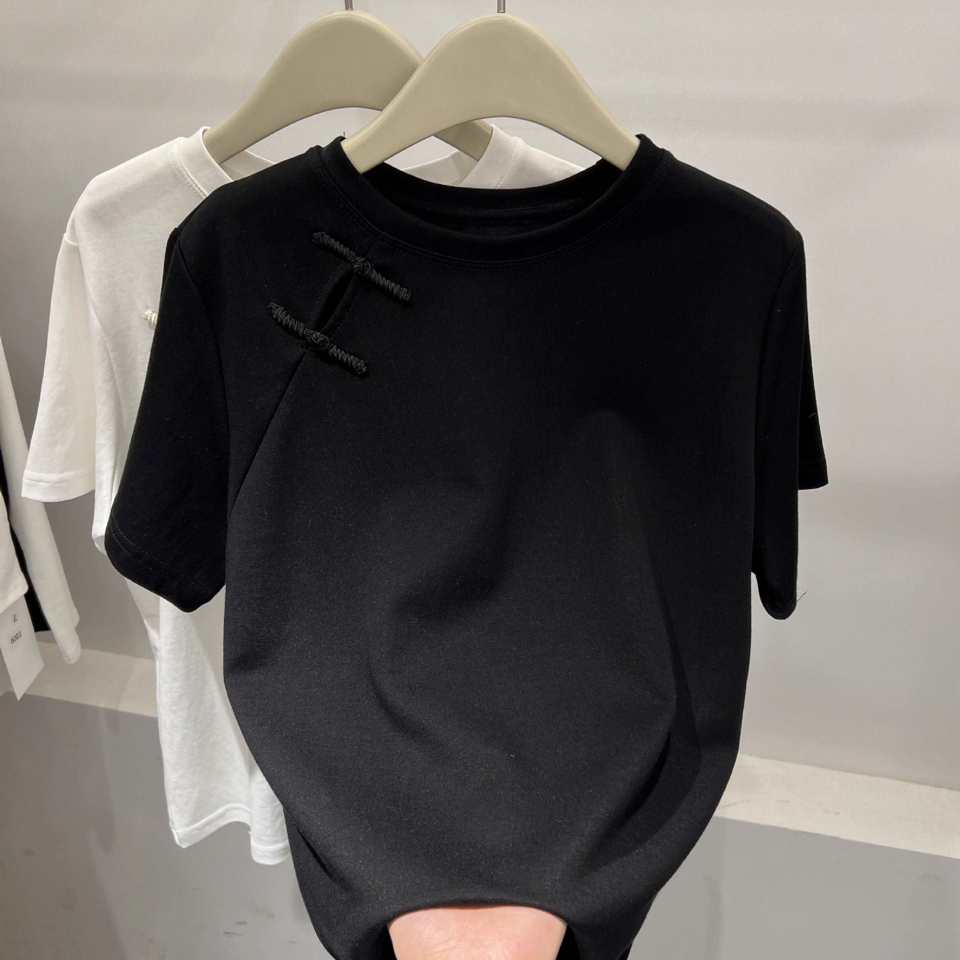 Official Image Peruvian Cotton Short Sleeve t Shirt2025Summer Button Short Solid Color Slim Fit Regular Shoulder Round Neck Korean Style Women's Top