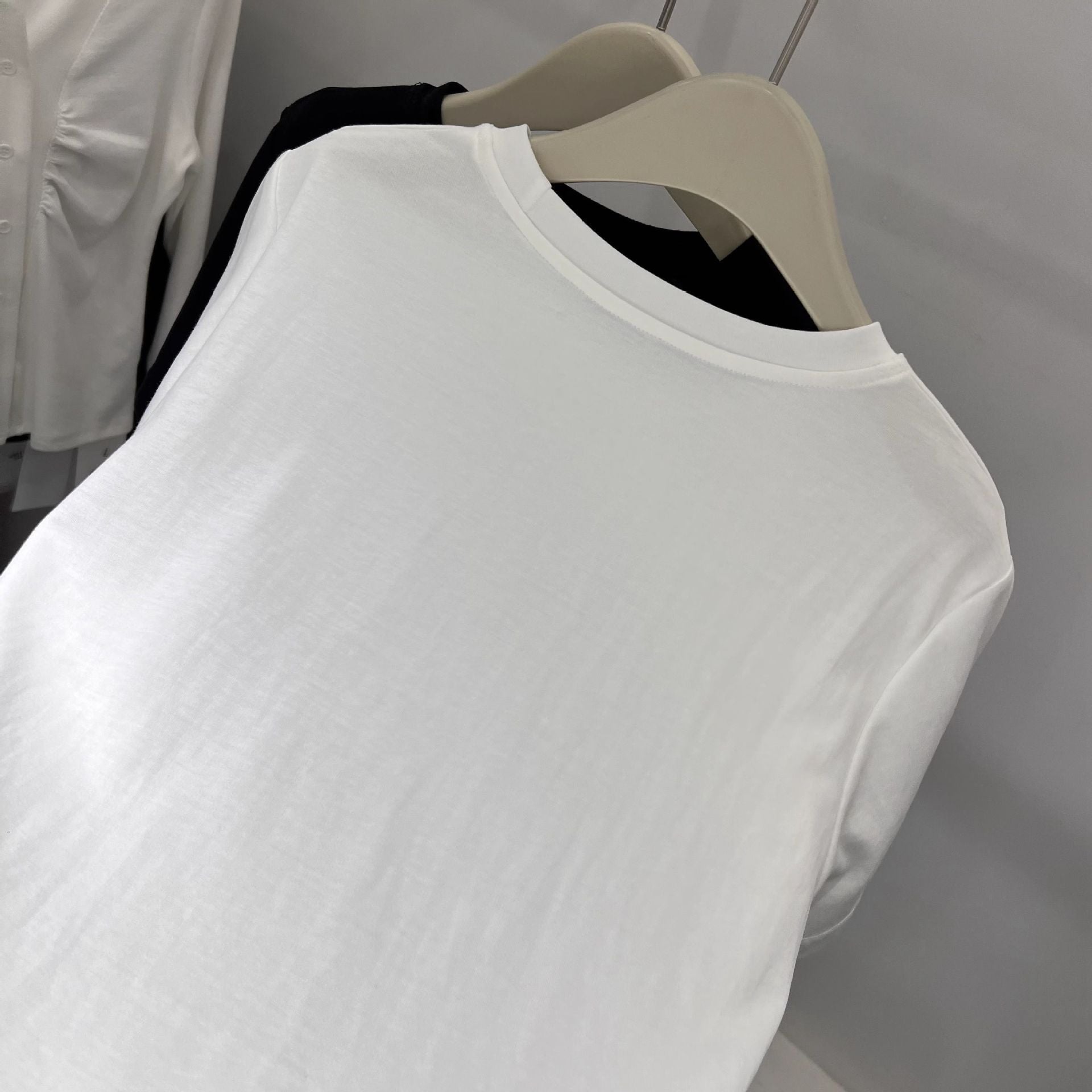 Official Image Peruvian Cotton Short Sleeve t Shirt2025Summer Button Short Solid Color Slim Fit Regular Shoulder Round Neck Korean Style Women's Top