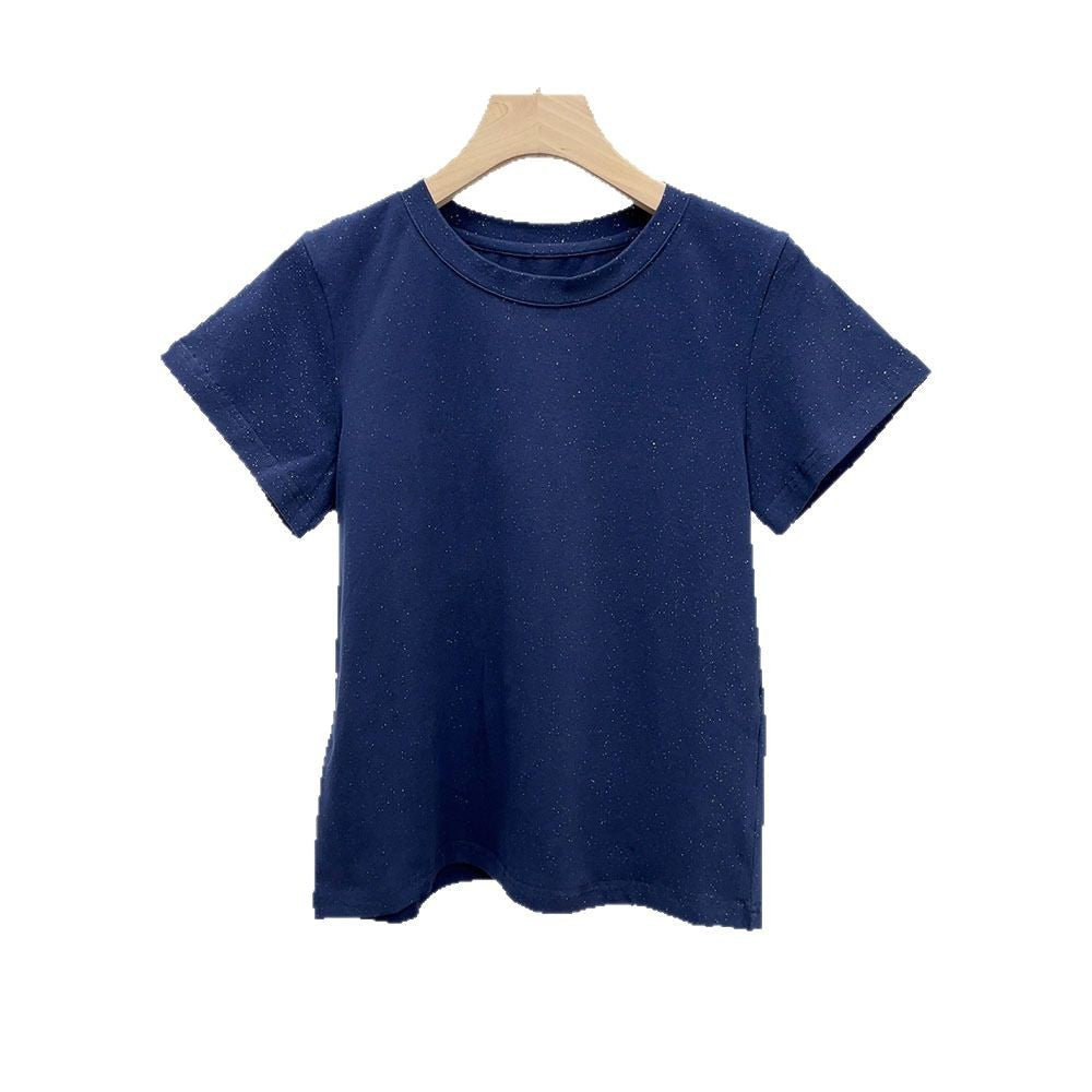 Slimming effect！Sparkling Full Sky Straight Shoulder Stretch Slim Fit Peruvian Cotton Round Neck Basic Short Sleeve T Women's T-shirt25Summer