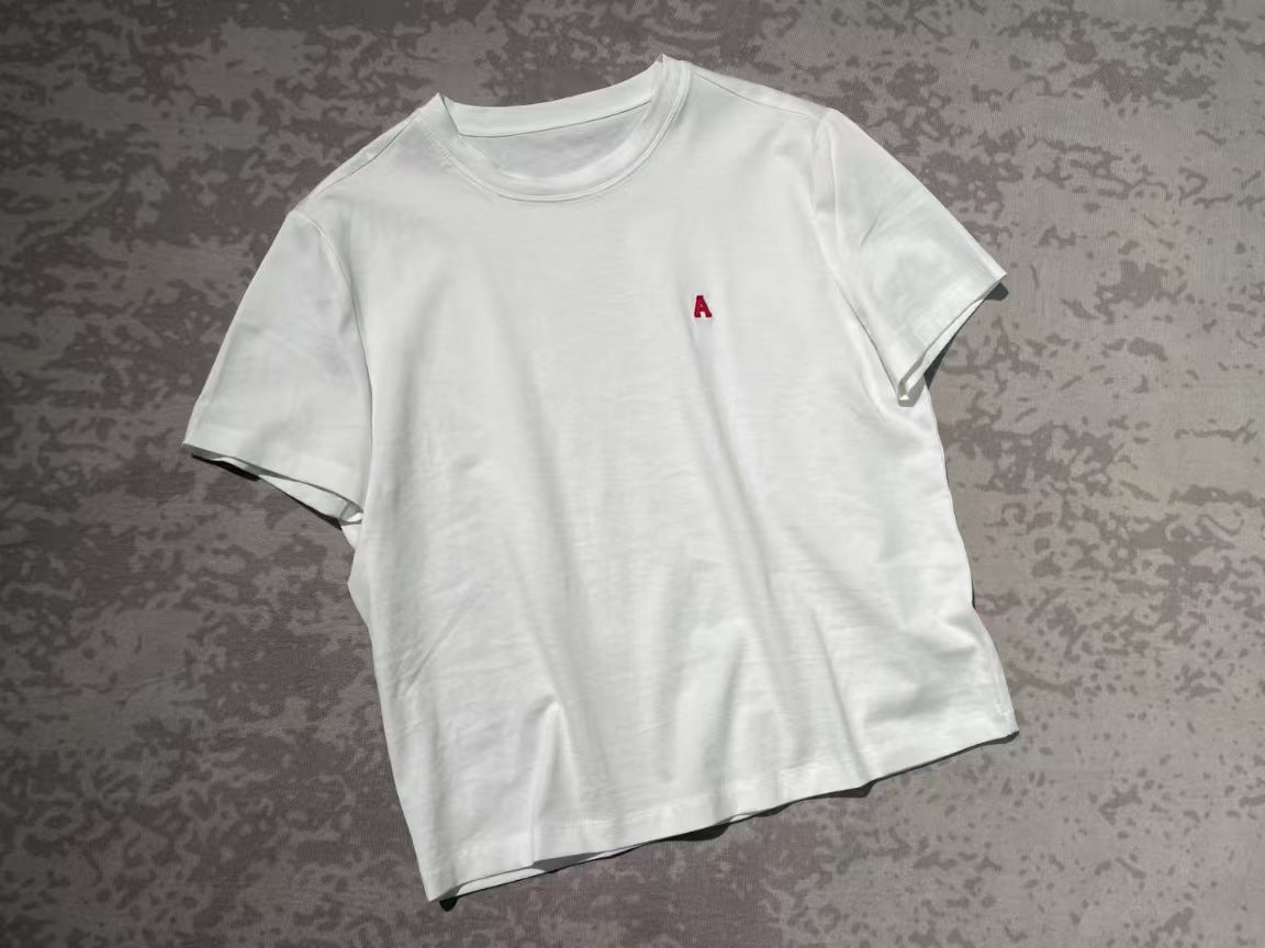 Japanese Style Niche Short Sleeve Embroidered Letters Peruvian Cotton T Shirt