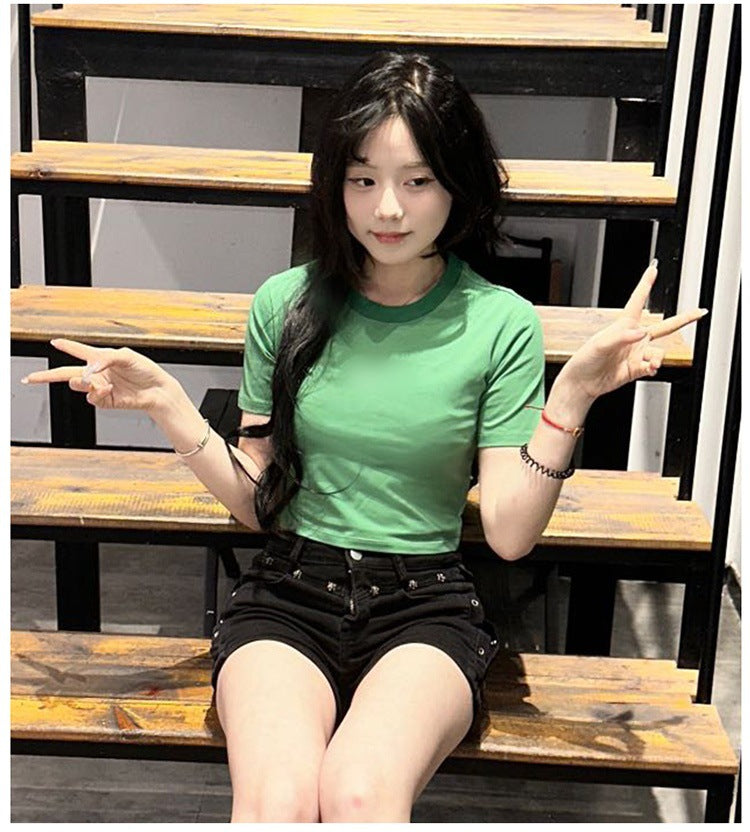 2025Summer New Solid Color Slim Fit Hot Girl Short Sleeve Off-Shoulder Tight Versatile Short Sleeve T T-shirt Top Hook Clothing Women's Wear