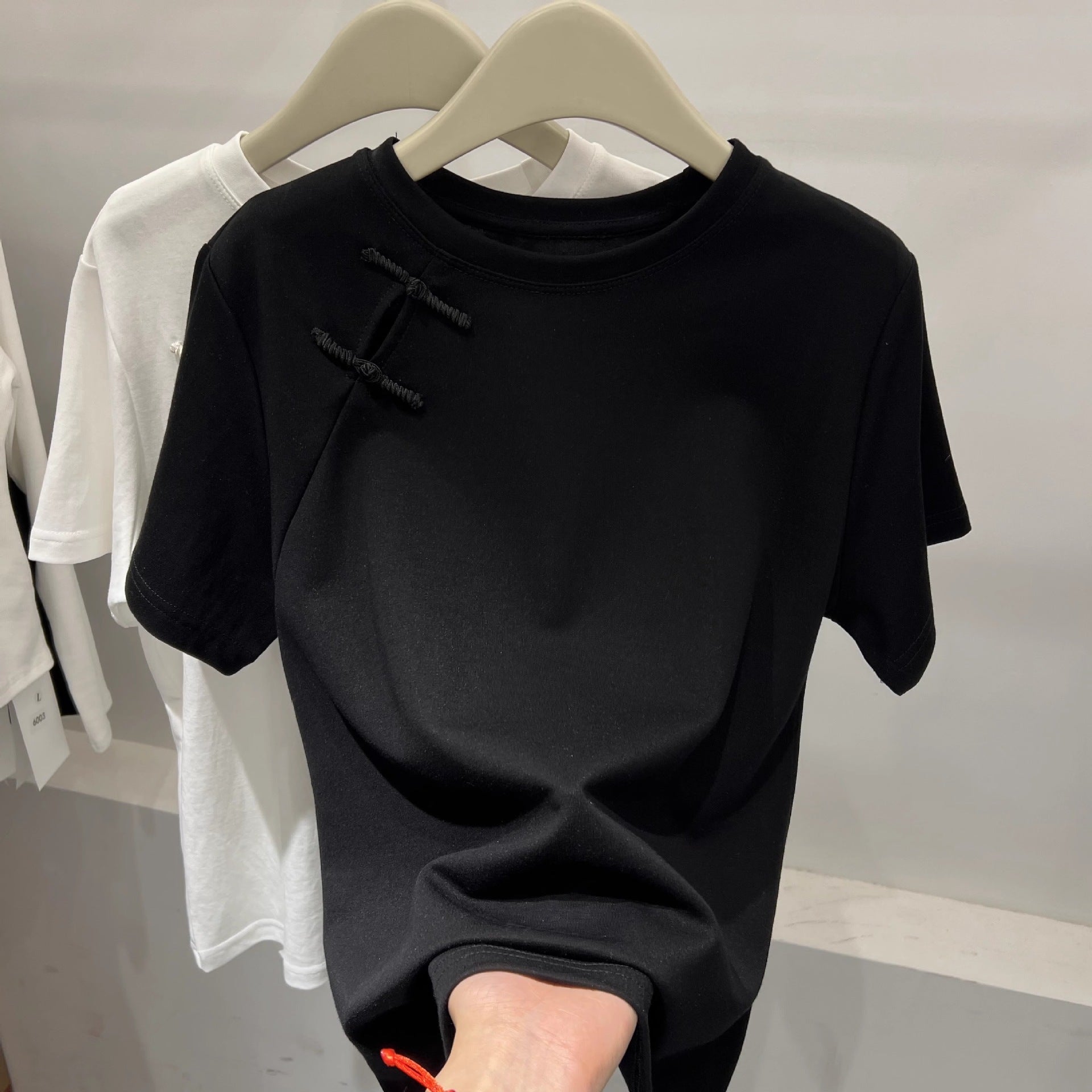 Official Image Peruvian Cotton Short Sleeve t Shirt2025Summer Button Short Solid Color Slim Fit Regular Shoulder Round Neck Korean Style Women's Top