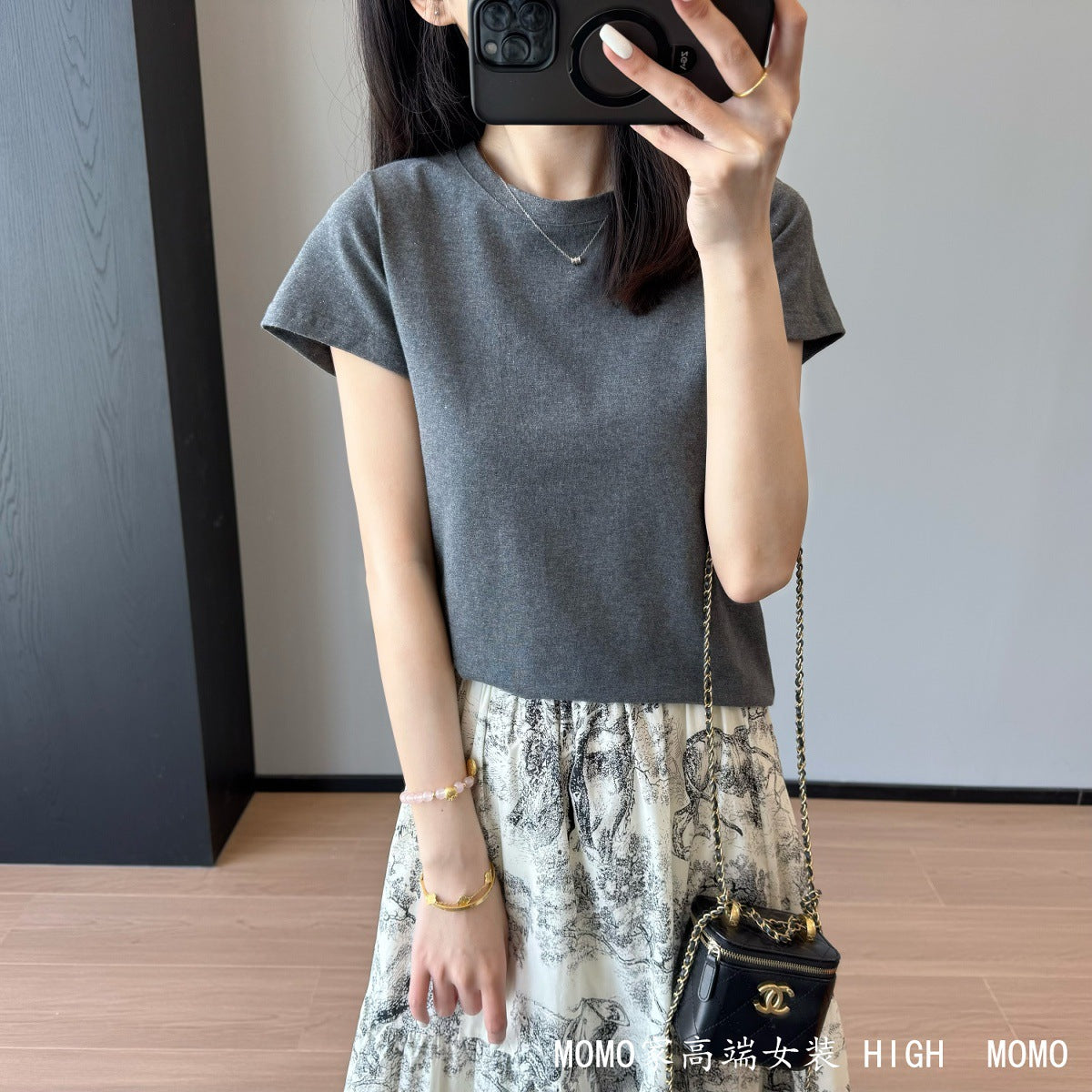 Slimming effect！Sparkling Full Sky Straight Shoulder Stretch Slim Fit Peruvian Cotton Round Neck Basic Short Sleeve T Women's T-shirt25Summer