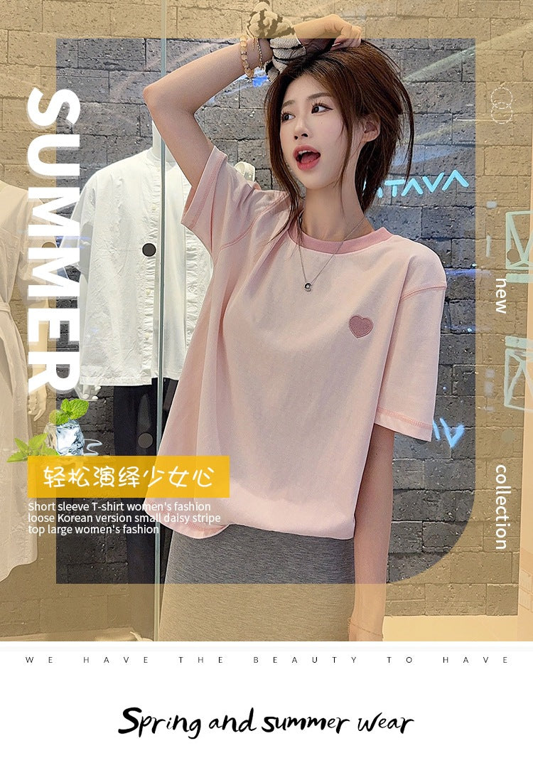 Real Shot Peruvian Cotton220Gram Short Sleeve t Summer Shirt2025New Trendy Embroidered Loose Round Neck Top Plus Size Women's Clothing