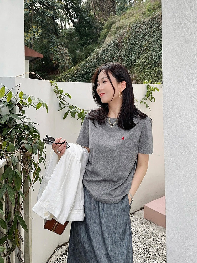 Japanese Style Niche Short Sleeve Embroidered Letters Peruvian Cotton T Shirt