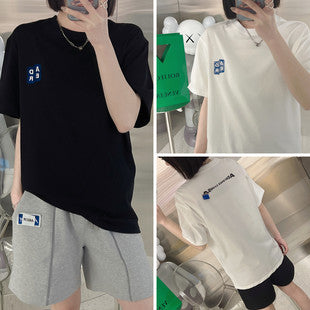 In Stock Short Sleeve Ouyang Nana Same Style T Shirt Summer Men and Women Couple Style Loose Casual Little Fox Embroidery
