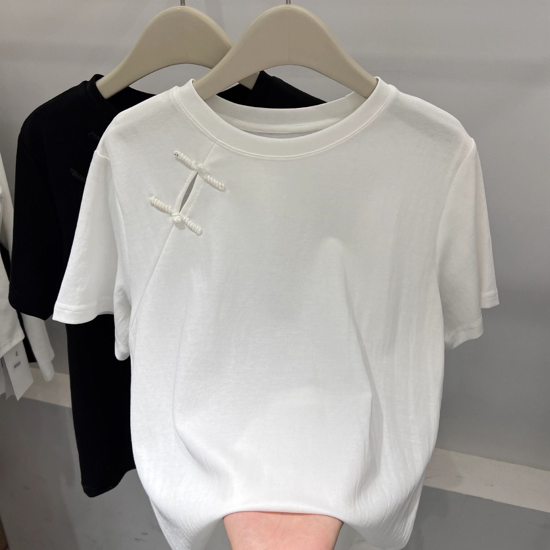 Official Image Peruvian Cotton Short Sleeve t Shirt2025Summer Button Short Solid Color Slim Fit Regular Shoulder Round Neck Korean Style Women's Top