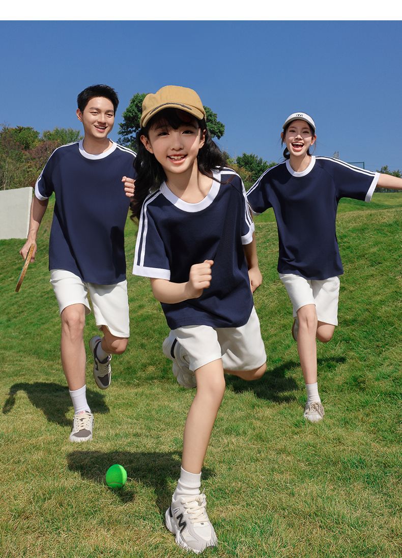 210g 100% Cotton American Style Round Neck Retro Peruvian Cotton Loose Drop Shoulder Three Stripes Solid Color Short Sleeve t T-shirt Parent-Child Matching Outfits