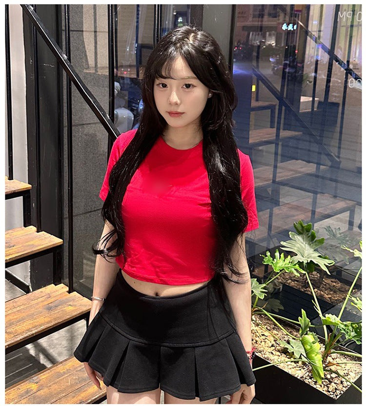 2025Summer New Solid Color Slim Fit Hot Girl Short Sleeve Off-Shoulder Tight Versatile Short Sleeve T T-shirt Top Hook Clothing Women's Wear