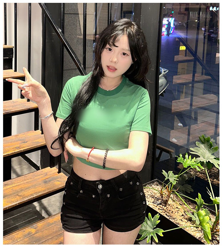 2025Summer New Solid Color Slim Fit Hot Girl Short Sleeve Off-Shoulder Tight Versatile Short Sleeve T T-shirt Top Hook Clothing Women's Wear