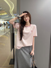 Real Shot Peruvian Cotton220Gram Short Sleeve t Summer Shirt2025New Trendy Embroidered Loose Round Neck Top Plus Size Women's Clothing