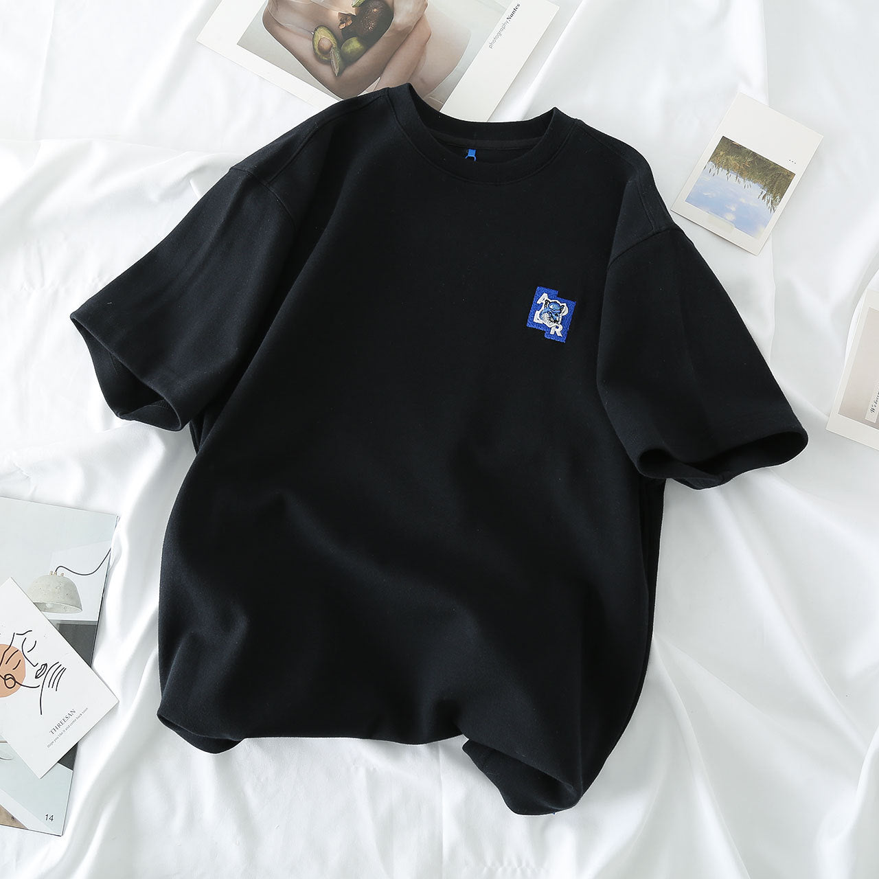 In Stock Short Sleeve Ouyang Nana Same Style T Shirt Summer Men and Women Couple Style Loose Casual Little Fox Embroidery