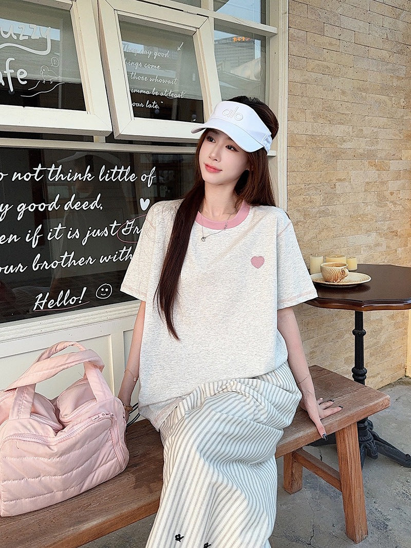 Real Shot Peruvian Cotton220Gram Short Sleeve t Summer Shirt2025New Trendy Embroidered Loose Round Neck Top Plus Size Women's Clothing