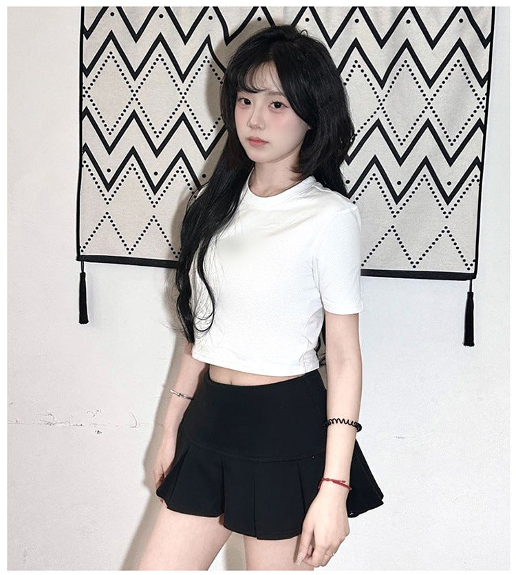 2025Summer New Solid Color Slim Fit Hot Girl Short Sleeve Off-Shoulder Tight Versatile Short Sleeve T T-shirt Top Hook Clothing Women's Wear